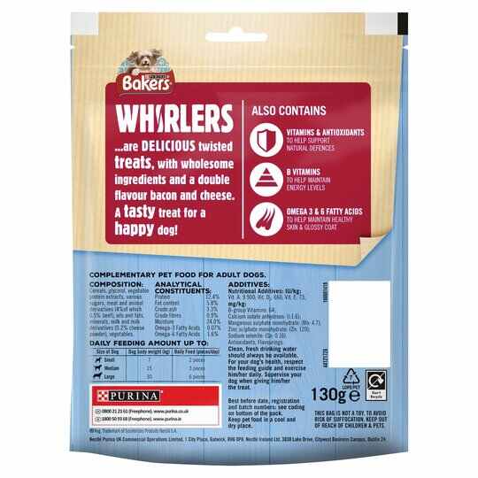 Bakers Whirlers Dog Treats Bacon And Cheese 130G For Sale