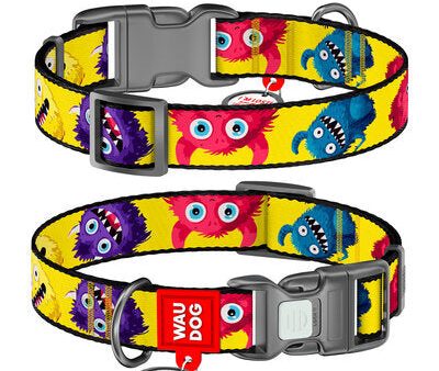 WAUDOG Nylon dog collar with QR passport,  Furry monsters  design, plastic fastex Cheap